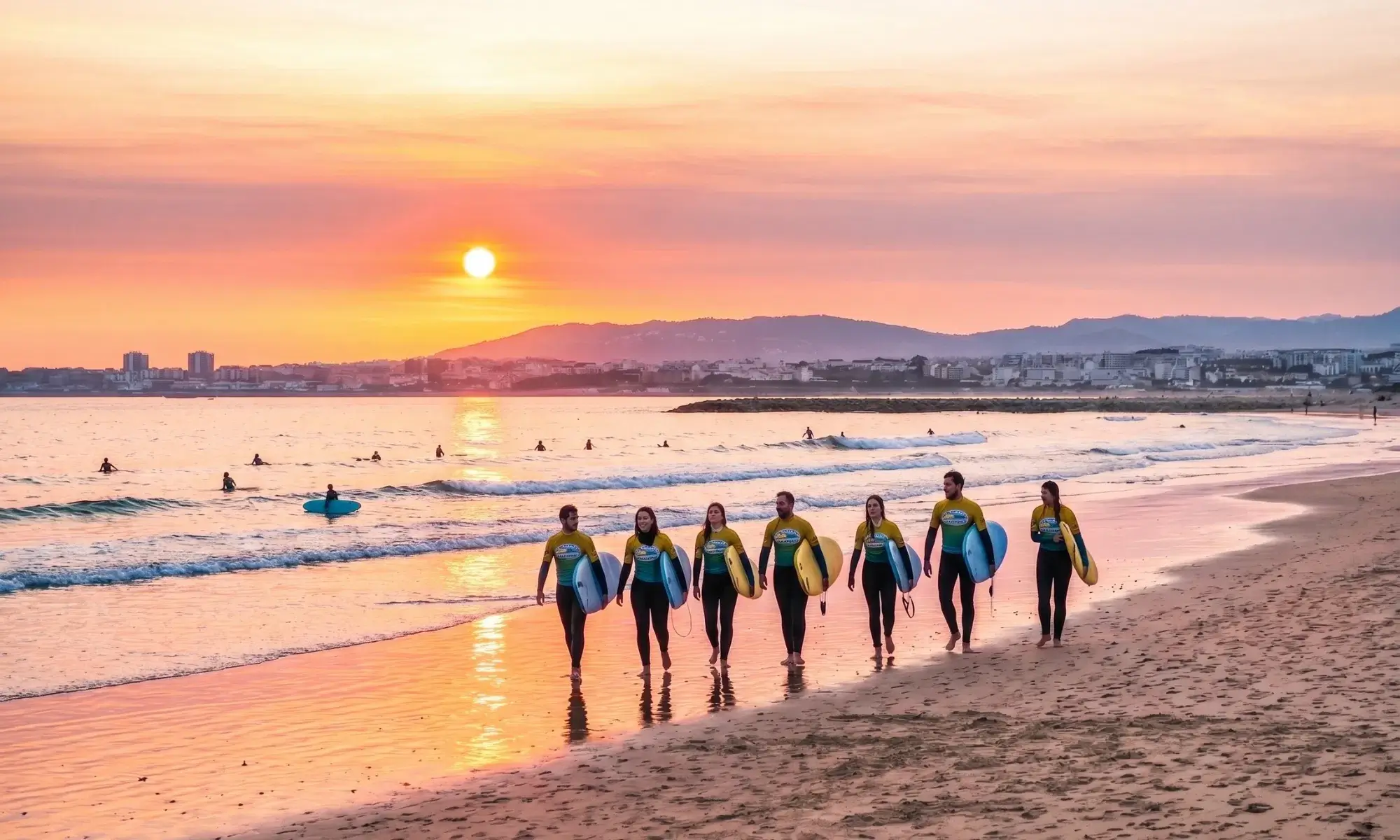 aulas de surf no por do sol na caparica